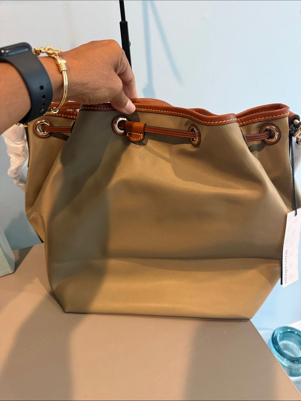 Dooney & Bourne Taupe Large Drawstring Shoulder Bag with Brown Trim